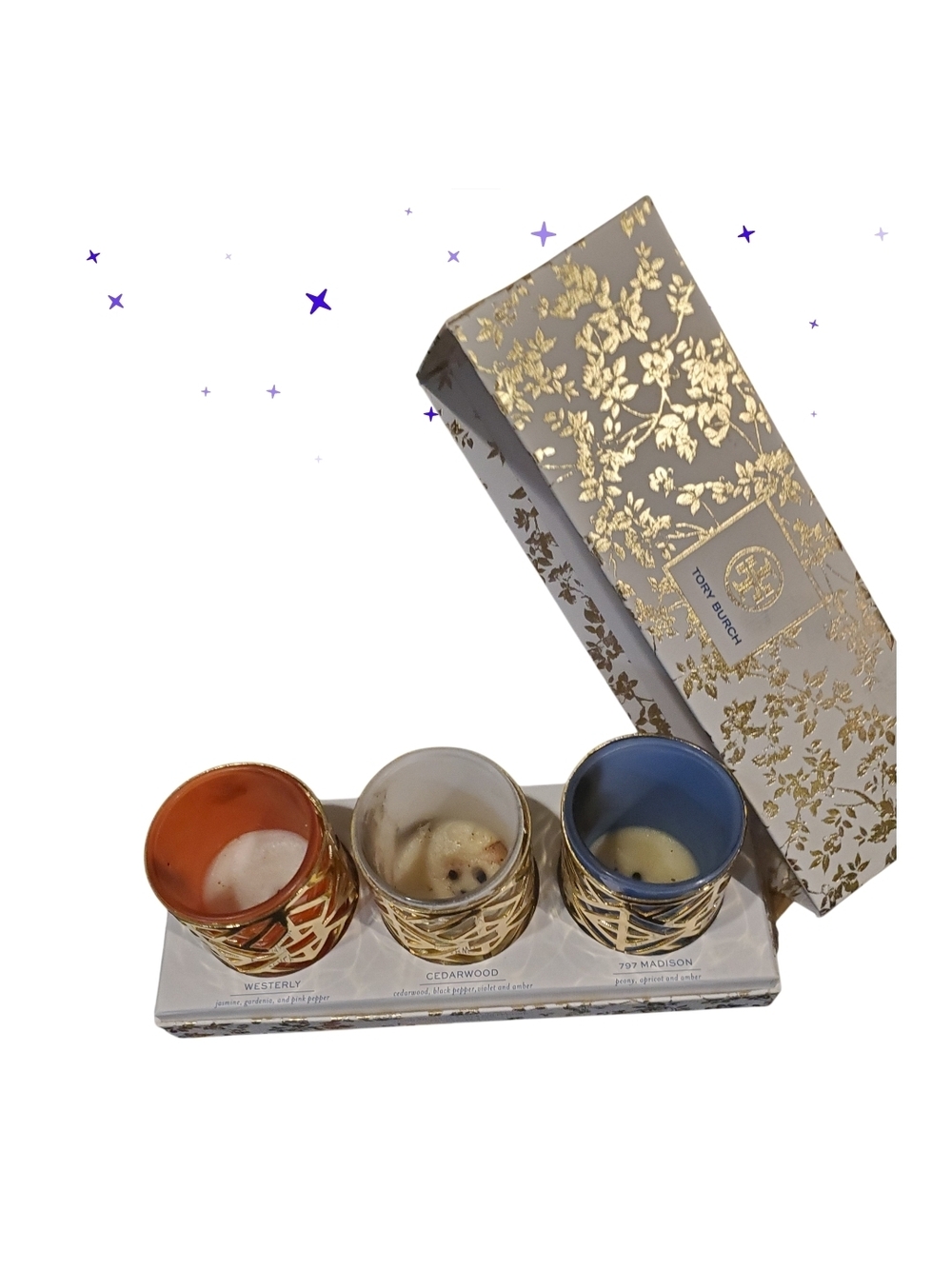 Almost empty Tory Burch White Box with Gold Foil Floral Candle 3 Votives  READ